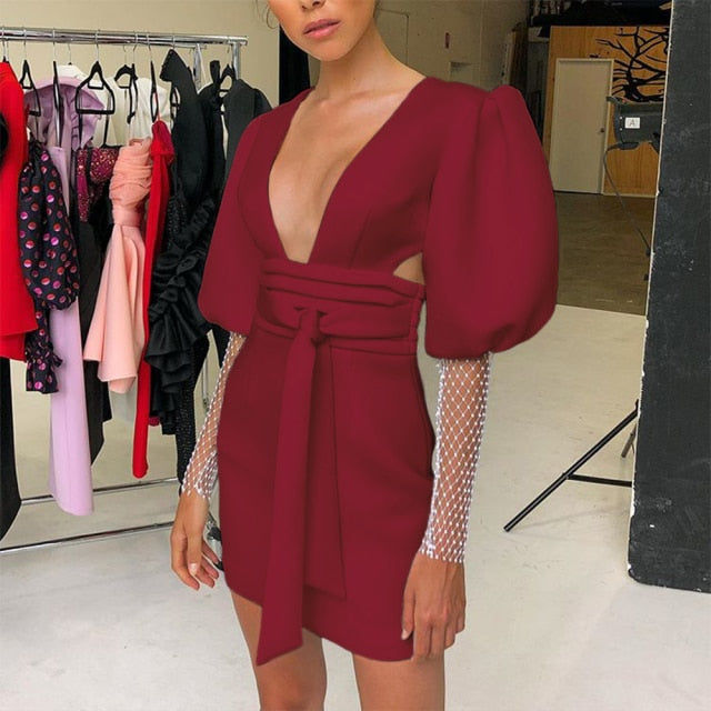 Bodycon Dress Women's 2022 Long Sleeve Party Dress Sexy Deep v Neck Backless Night Club Dress