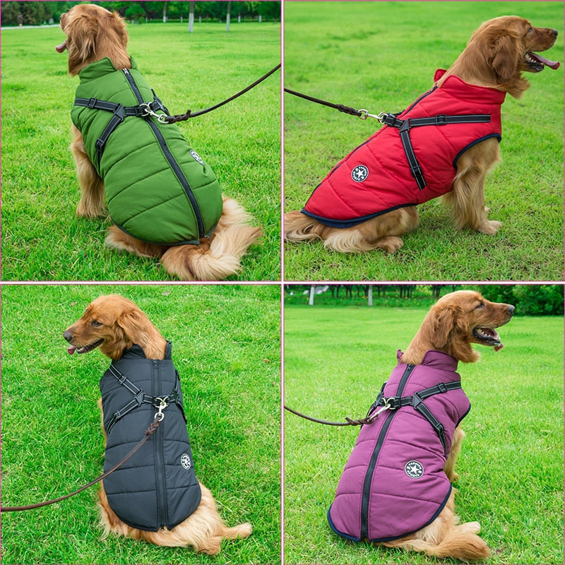 Large Pet Dog Jacket With Harness Winter Warm Dog Clothes Waterproof Big Dog Coat