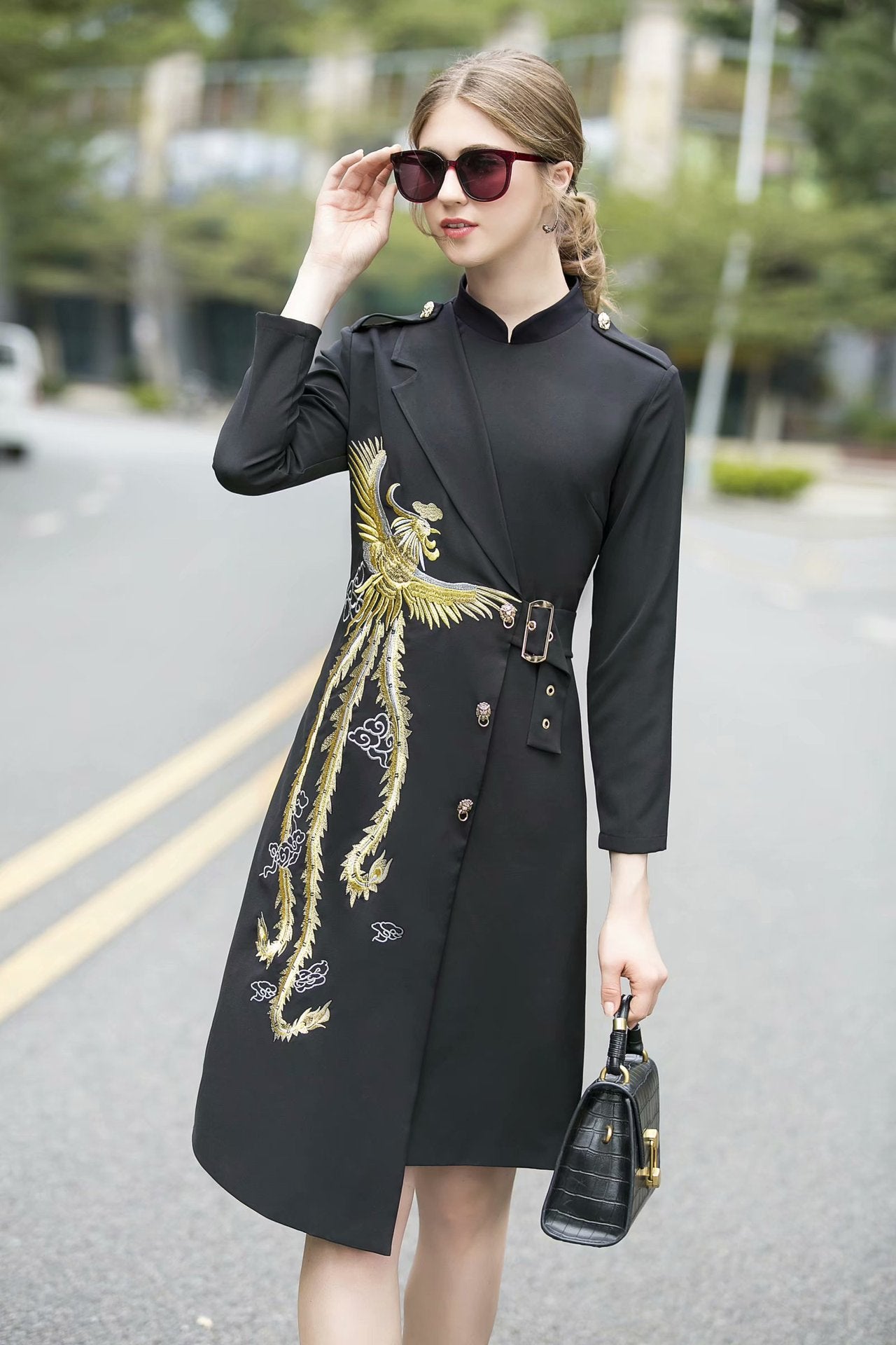 Fashion Designer dress Fall Winter Stand collar Embroidery Elegant Asymmetrical Coat