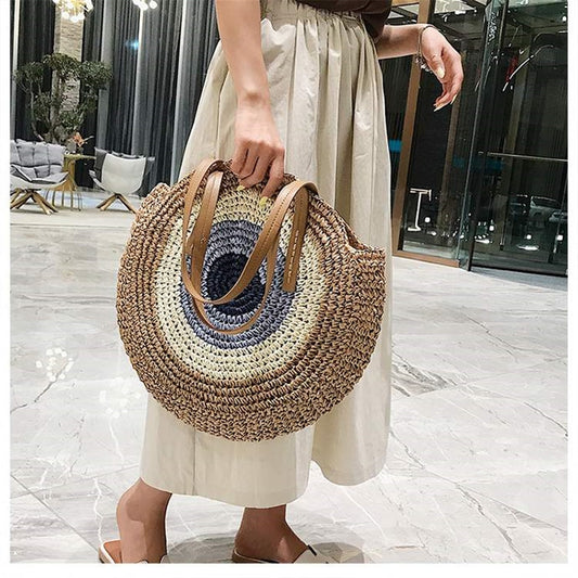 Round Zipper Fashionable Straw Woven Bag Handmade Summer Beach Women Bags