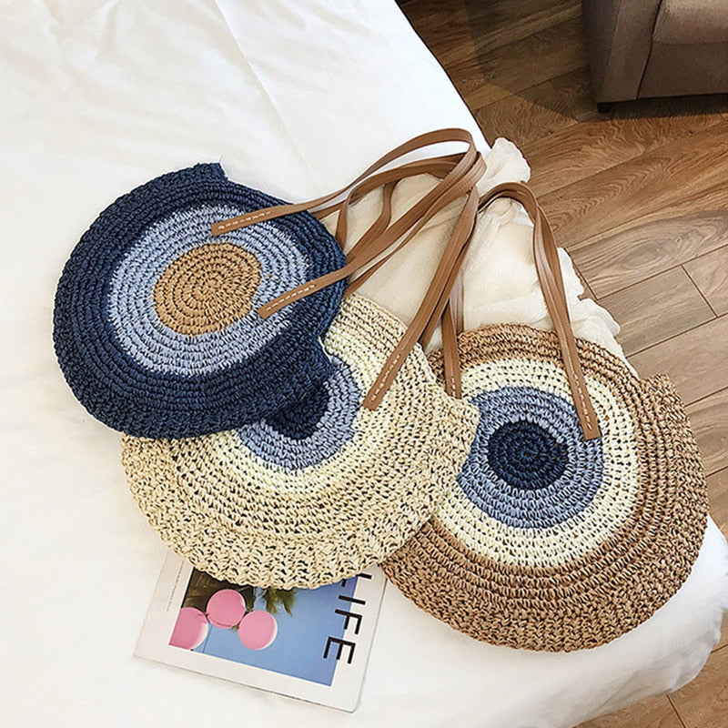 Round Zipper Fashionable Straw Woven Bag Handmade Summer Beach Women Bags
