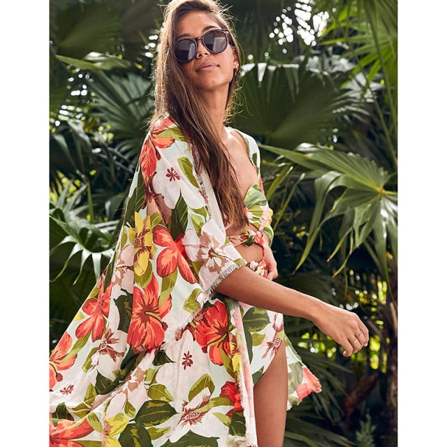 New Bikini Beach Skirt Tunics for Beach Long Leaves Print Bikini Cover up