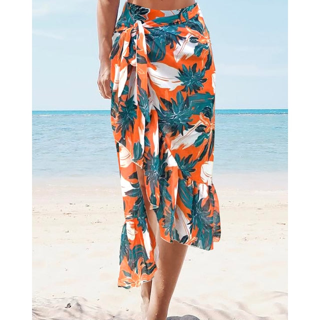 New Bikini Beach Skirt Tunics for Beach Long Leaves Print Bikini Cover up