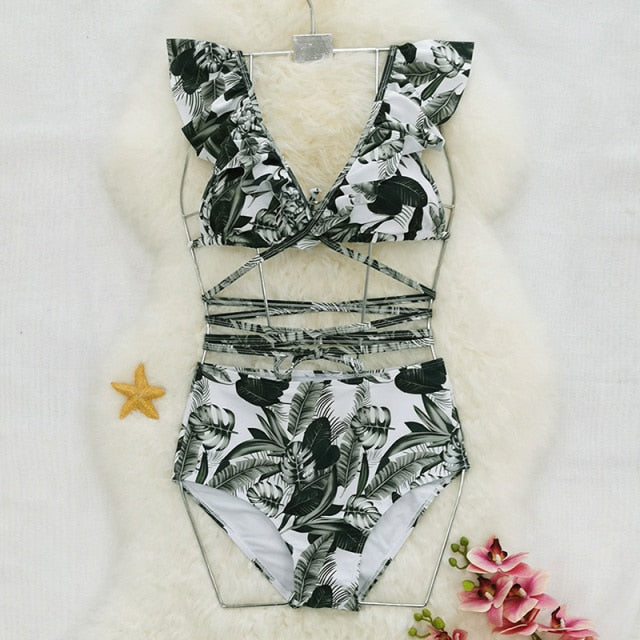 New Bikini Beach Skirt Tunics for Beach Long Leaves Print Bikini Cover up
