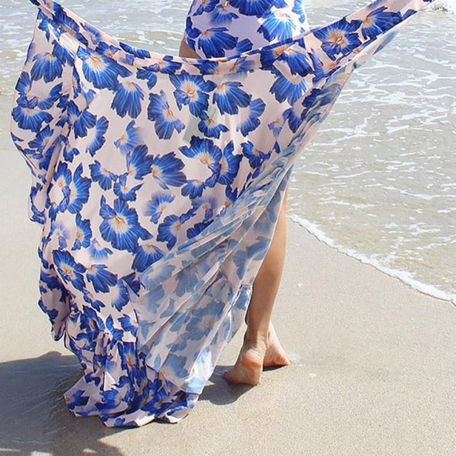 New Bikini Beach Skirt Tunics for Beach Long Leaves Print Bikini Cover up