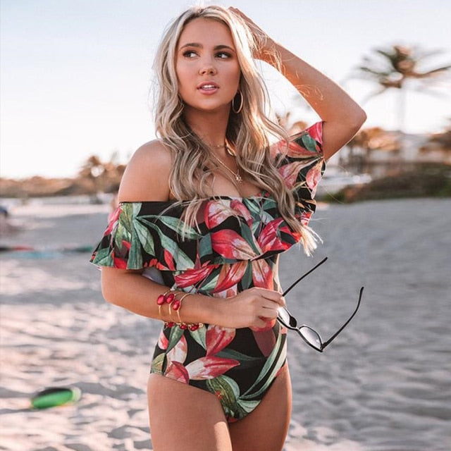 Solid Swimwear Women One Piece Swimsuit Female Bathing Suit Ruffle Monokini