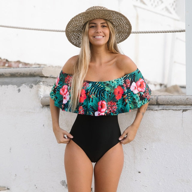 Solid Swimwear Women One Piece Swimsuit Female Bathing Suit Ruffle Monokini