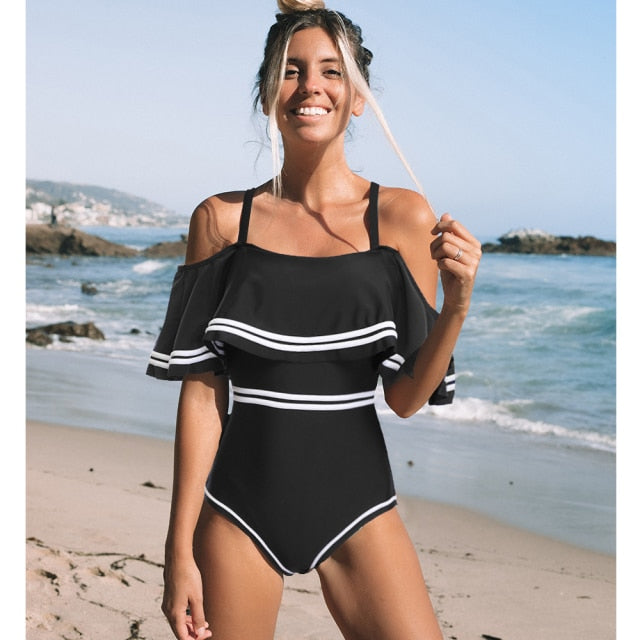 Solid Swimwear Women One Piece Swimsuit Female Bathing Suit Ruffle Monokini