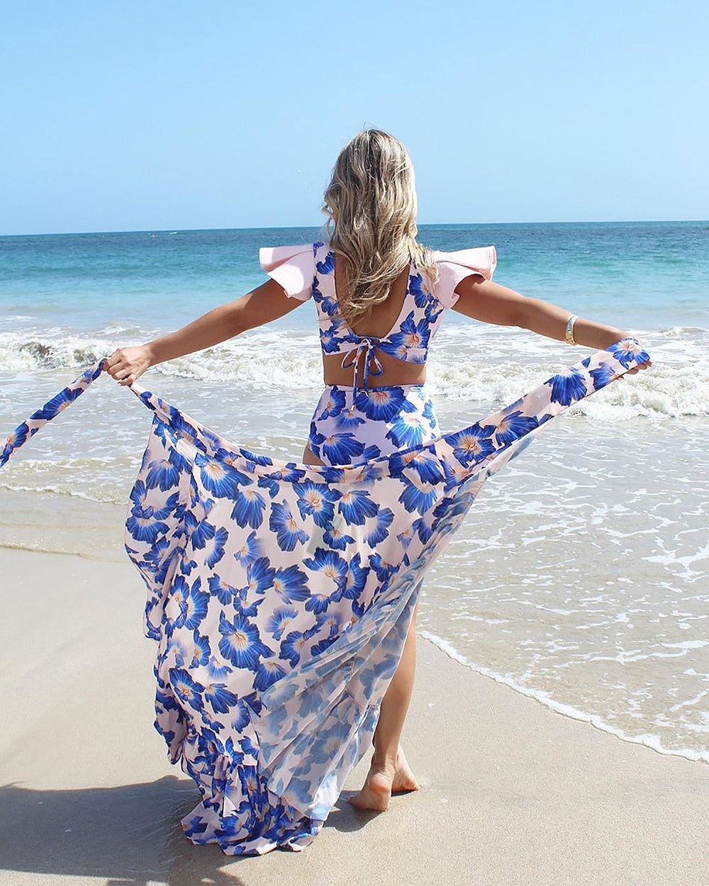 New Bikini Beach Skirt Tunics for Beach Long Leaves Print Bikini Cover up