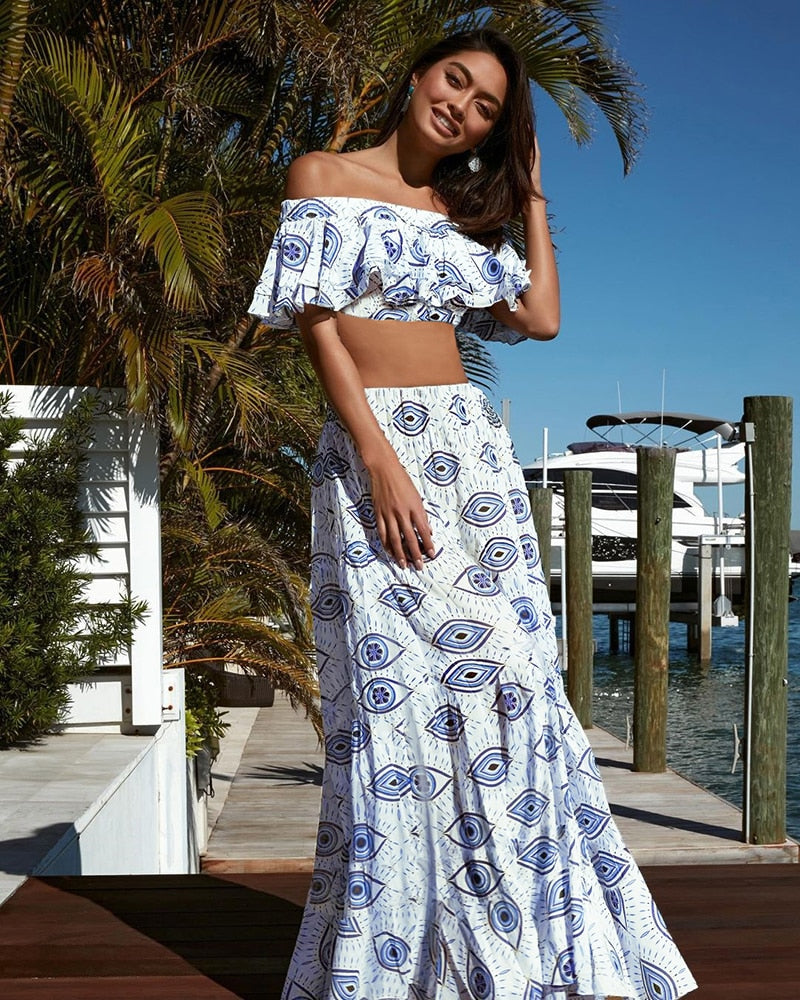 New Bikini Beach Skirt Tunics for Beach Long Leaves Print Bikini Cover up