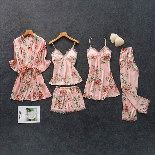 Women's Pajamas Silk Floral Set Satin Pijamas Sleepwear Home Clothes