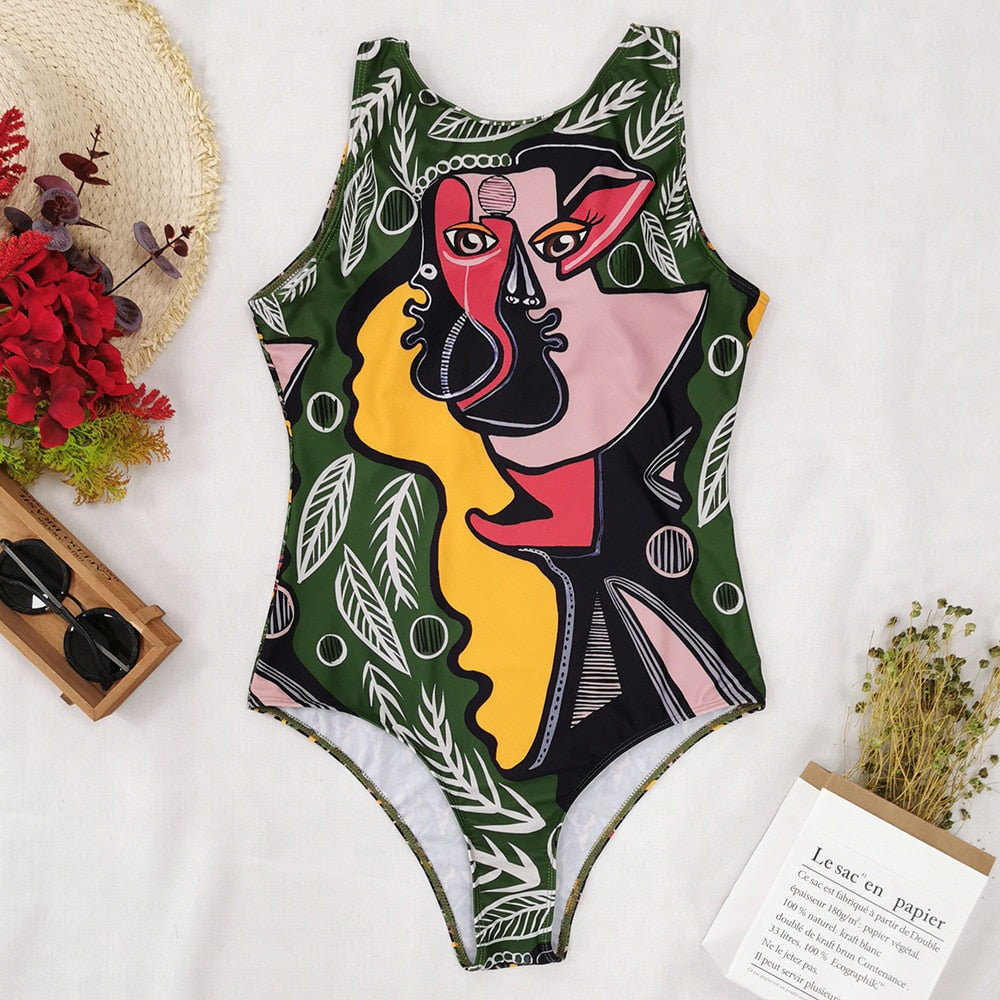 Women abstract Print One Piece Swimsuit Female Closed Vintage Swimwear