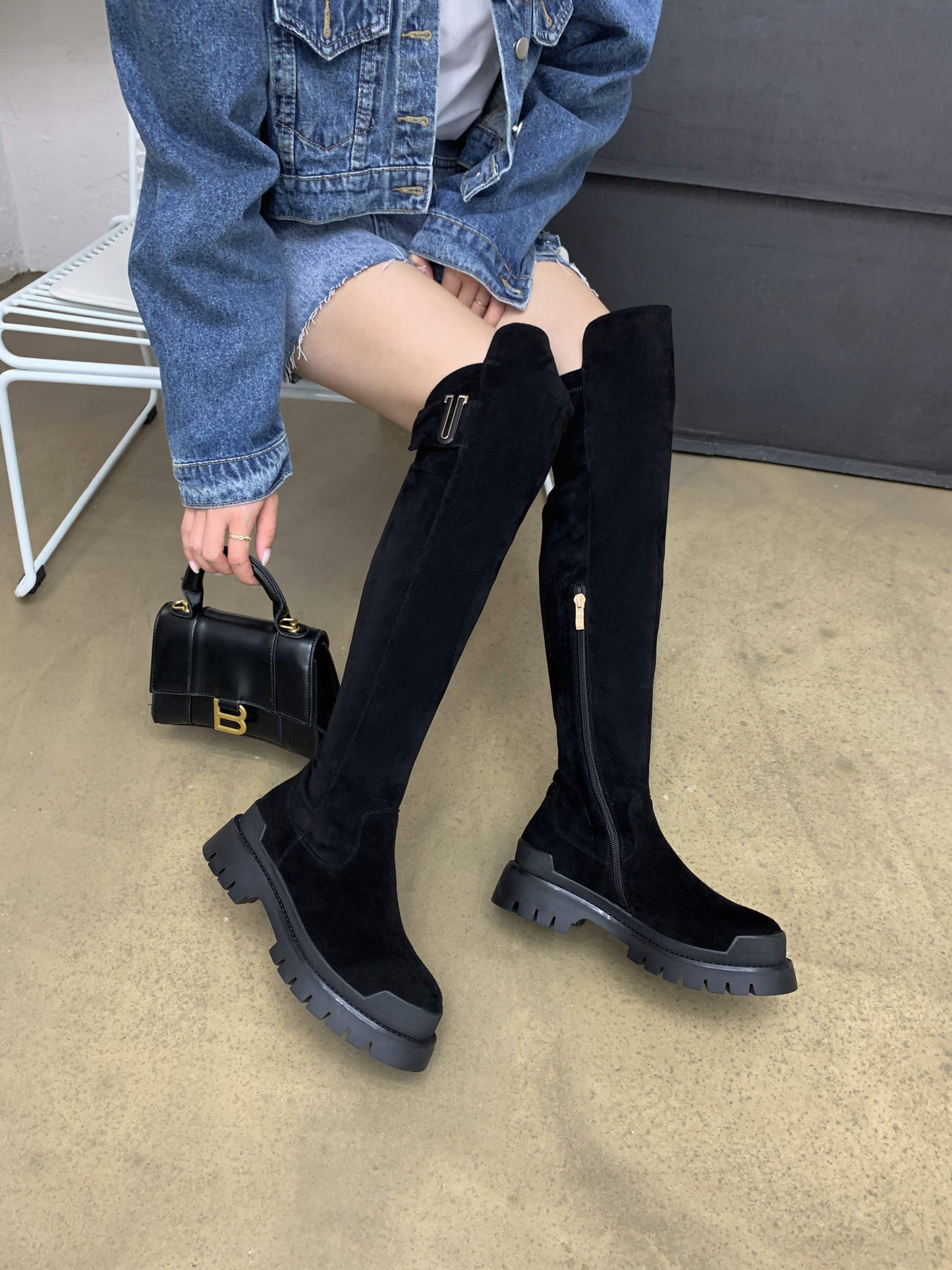 Leather platform thigh high boots round toe casual winter shoes Chunky flats