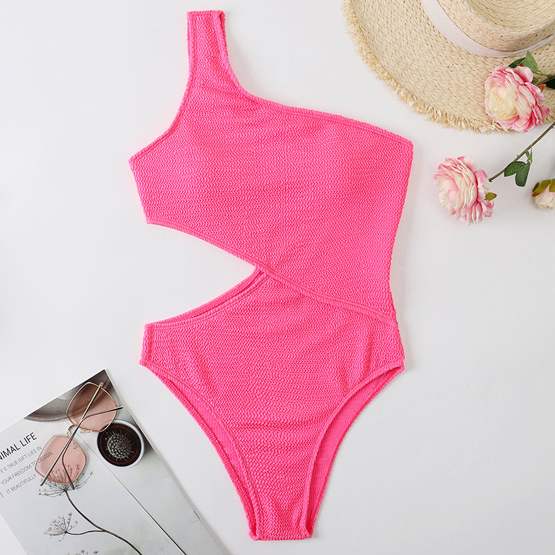 One Shoulder Women's Swimsuit One Piece Cut Out Swimwear 2022 Textured Monokini Solid Bathing Suits