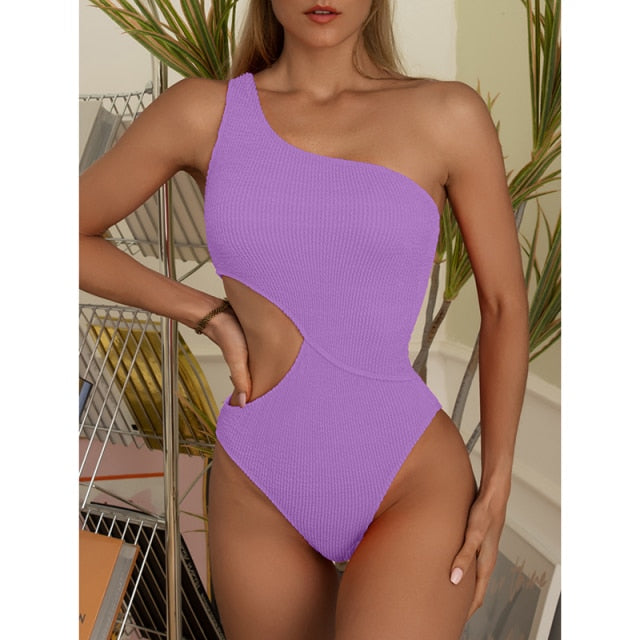 One Shoulder Women's Swimsuit One Piece Cut Out Swimwear 2022 Textured Monokini Solid Bathing Suits